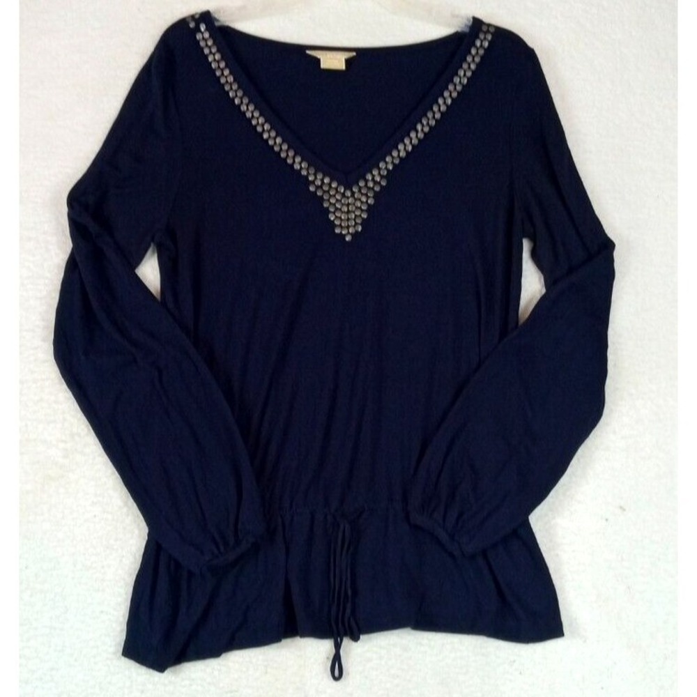 Michael Kors Women's Pullover Blouse Drawstring Waist Long Sleeve Navy Shirt Med
